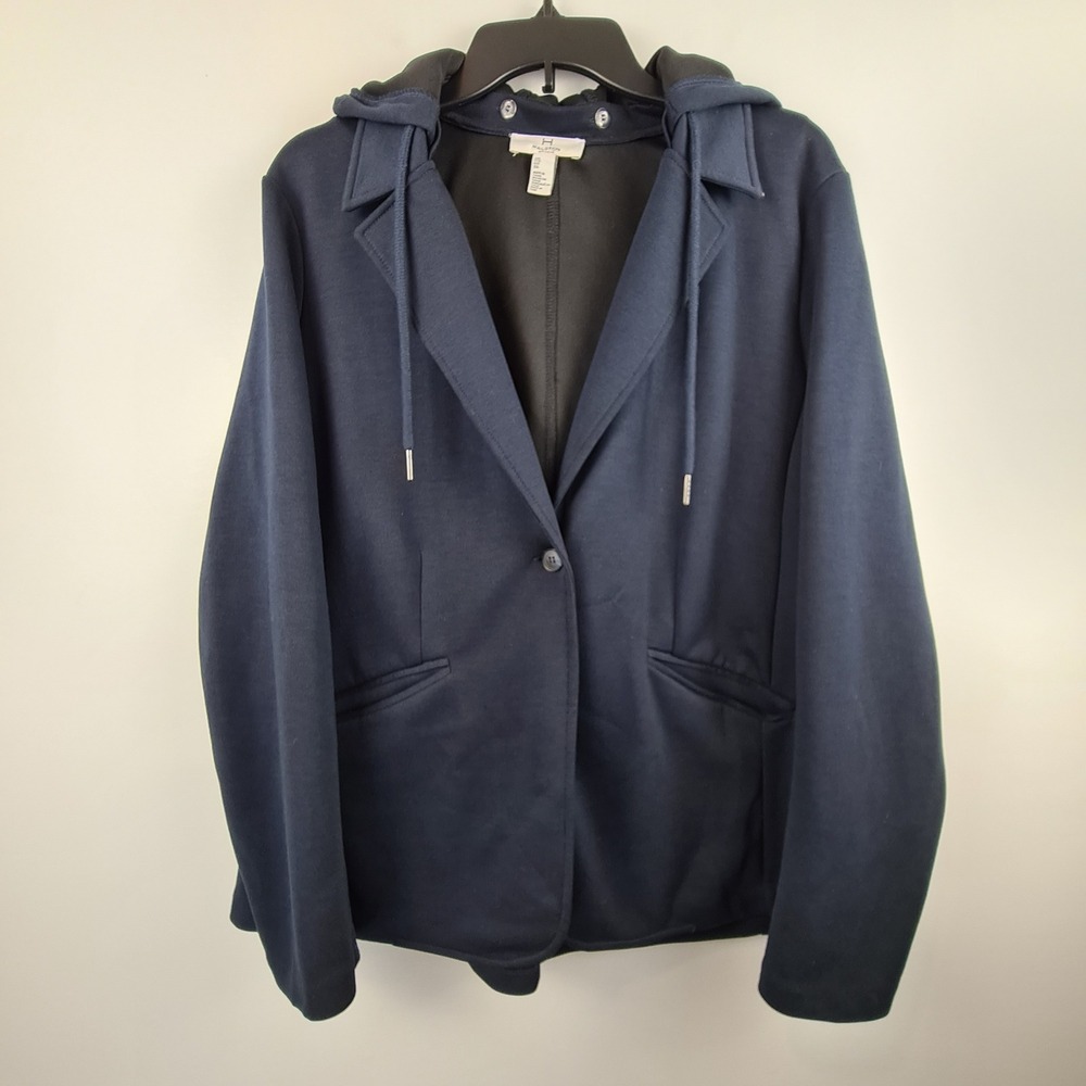 Halston Studio Womens XXL Navy Blue Hooded Scuba Blazer Jacket Convertible‎ Hood